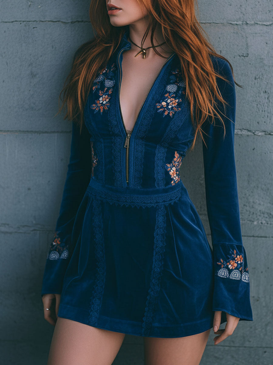Vestido Mini Terciopelo Azul Bordado Cremallera