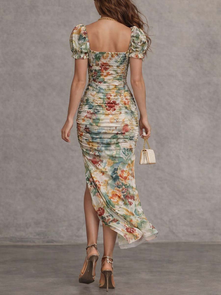 Vestido Midi Salvia Floral Cuello Cuadrado Fruncido