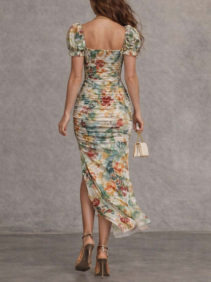 Vestido Midi Salvia Floral Cuello Cuadrado Fruncido