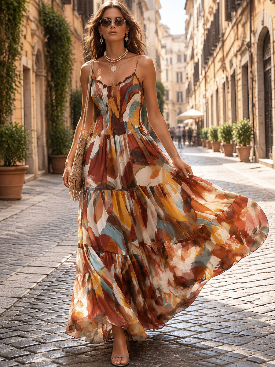 Vestido Maxi Marrón Boho Multicolor Fruncido