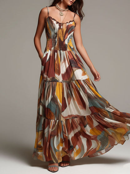 Vestido Maxi Marrón Boho Multicolor Fruncido