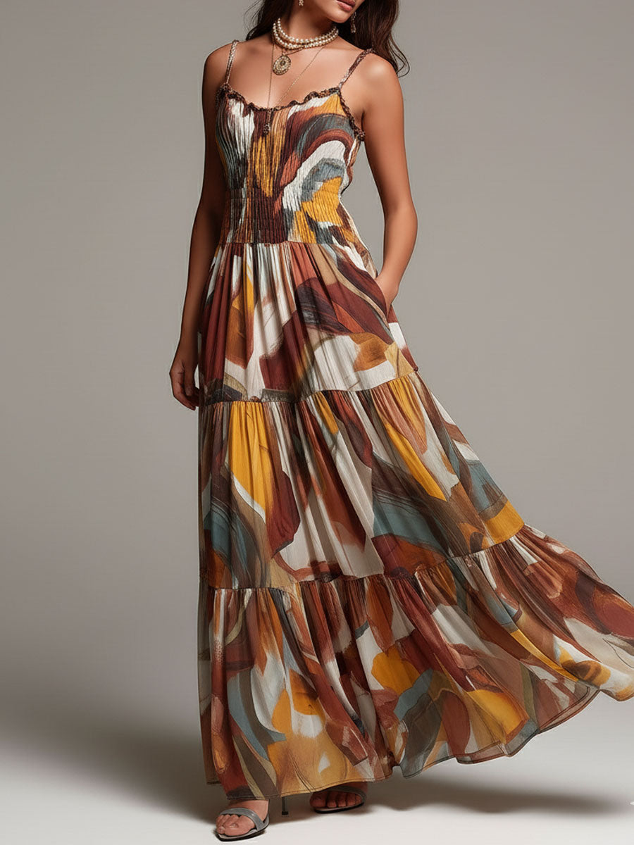 Vestido Maxi Marrón Boho Multicolor Fruncido