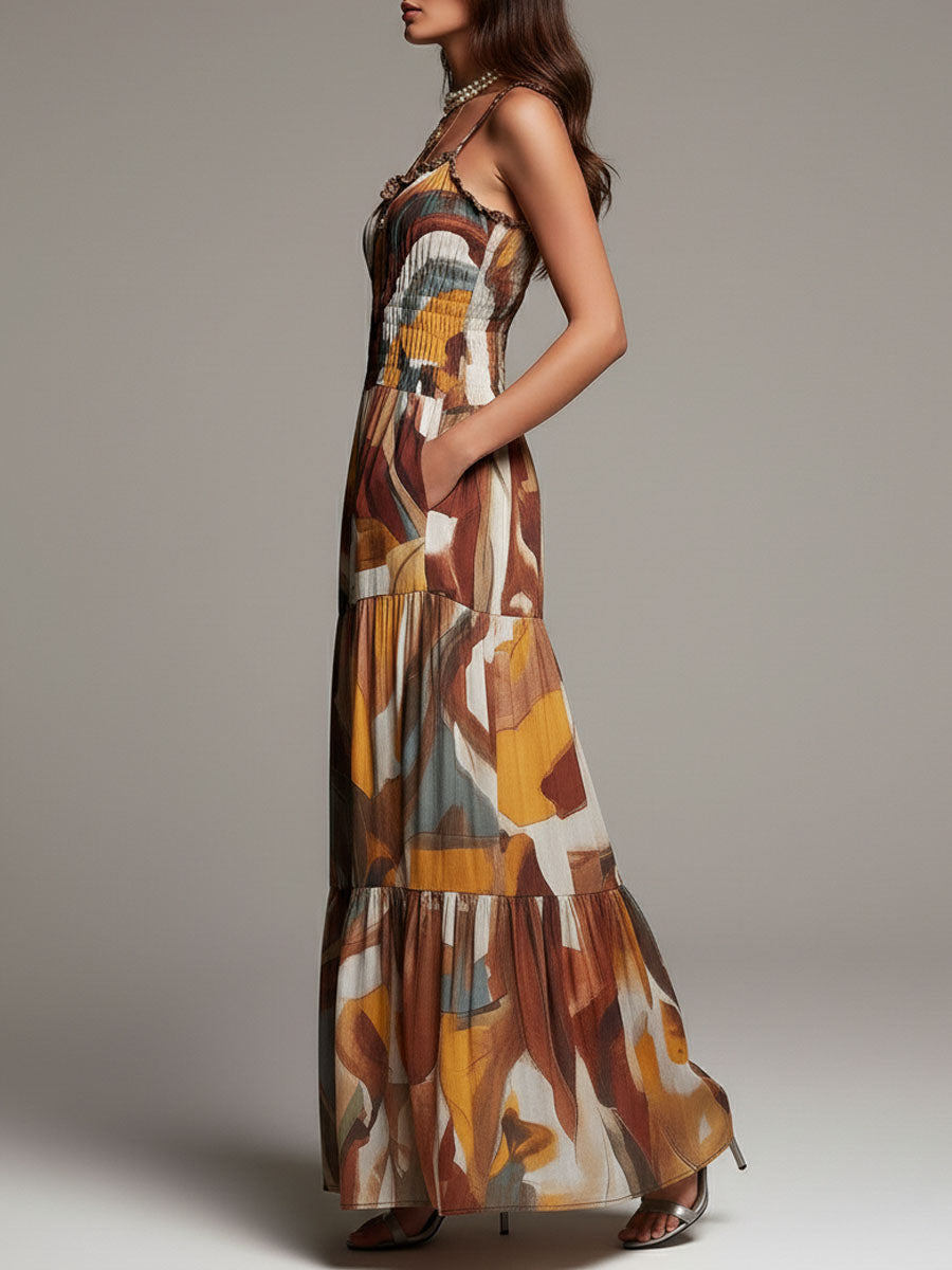 Vestido Maxi Marrón Boho Multicolor Fruncido
