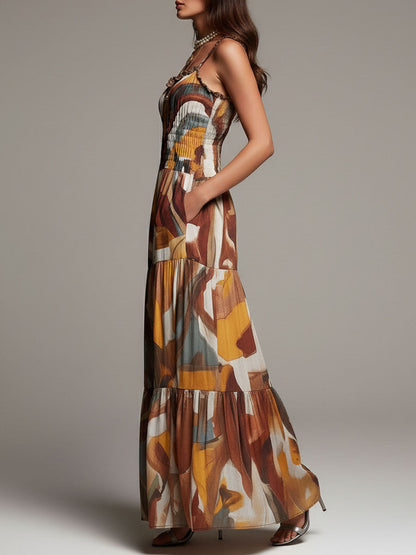 Vestido Maxi Marrón Boho Multicolor Fruncido