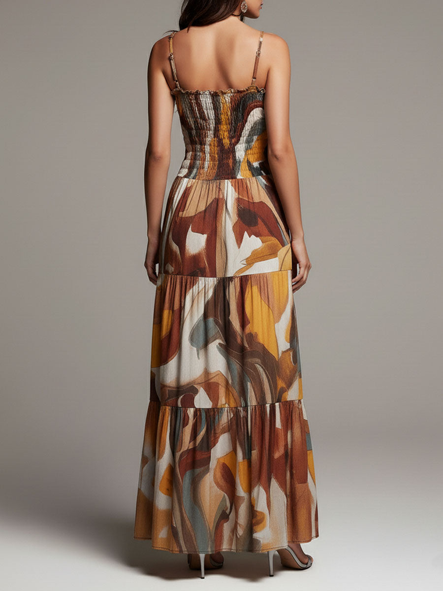 Vestido Maxi Marrón Boho Multicolor Fruncido