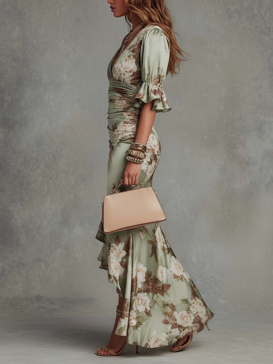 Vestido Maxi Verde Salvia Floral Escote V Fruncido