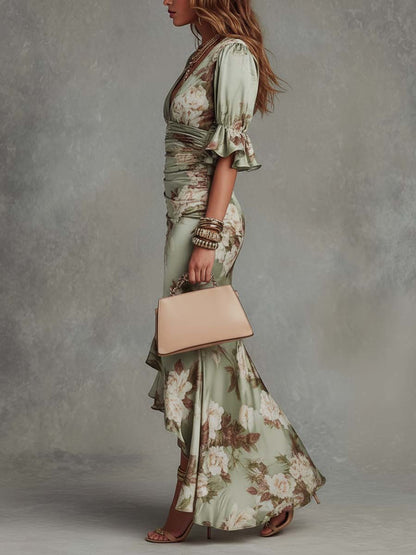 Vestido Maxi Verde Salvia Floral Escote V Fruncido