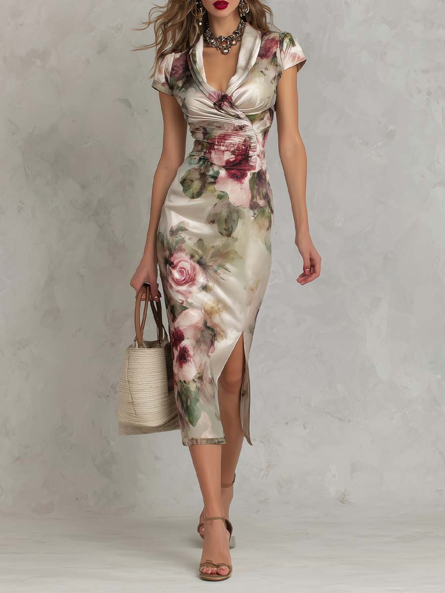 Vestido Midi Satén Marfil Floral Acuarela Fruncido