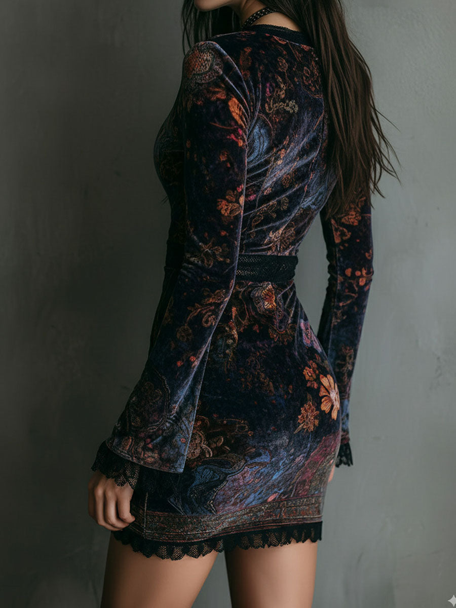 Vestido Mini Terciopelo Azul Floral Escote V Encaje