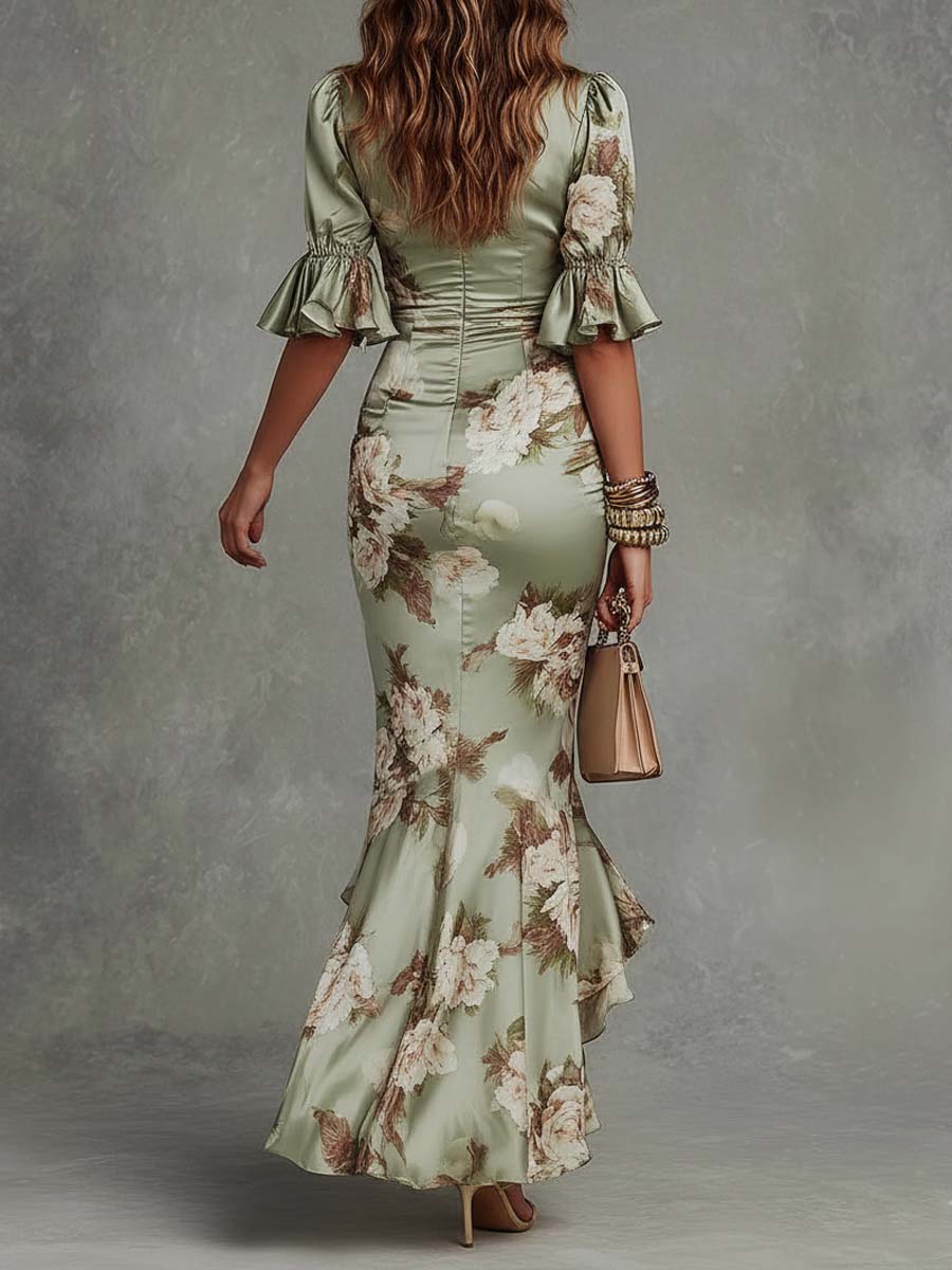 Vestido Maxi Verde Salvia Floral Escote V Fruncido