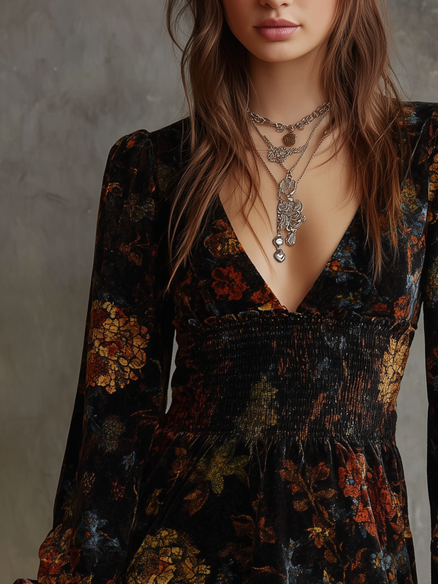 Vestido Mini Terciopelo Negro Floral Cintura Plisada