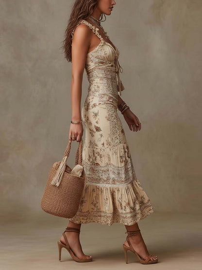Vestido Midi Crema Boho Floral Volante Abertura