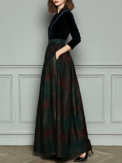 Vestido Maxi Negro Terciopelo Cuadros Falda Amplia