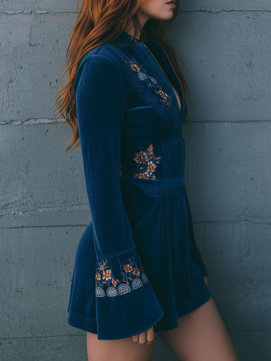 Vestido Mini Terciopelo Azul Bordado Cremallera
