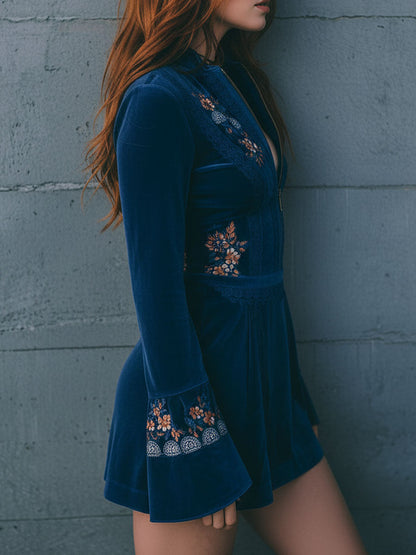 Vestido Mini Terciopelo Azul Bordado Cremallera
