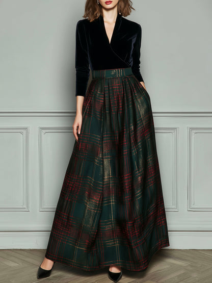 Vestido Maxi Negro Terciopelo Cuadros Falda Amplia