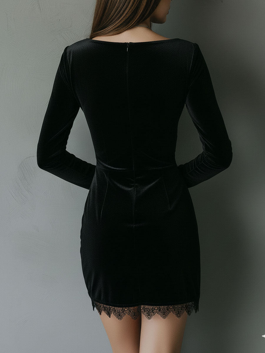 Vestido Mini Terciopelo Negro Plisado Encaje