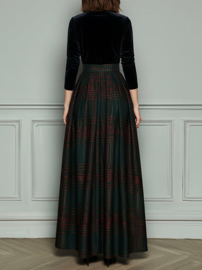 Vestido Maxi Negro Terciopelo Cuadros Falda Amplia