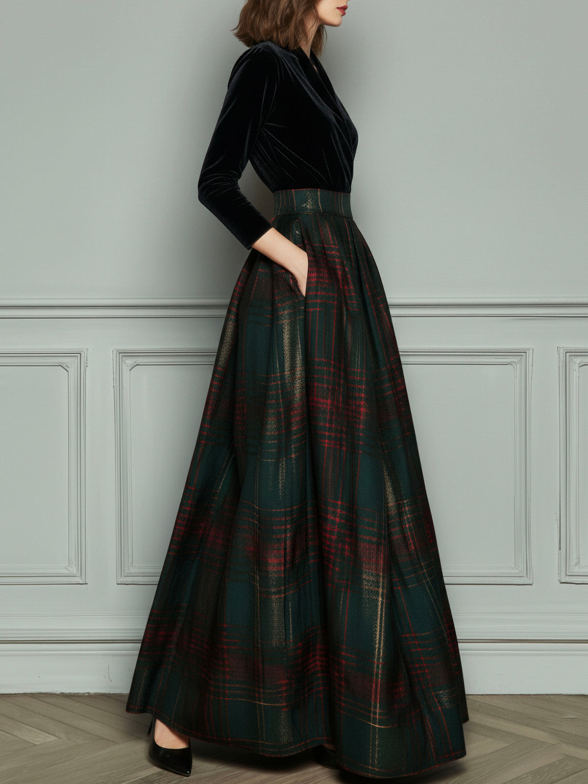 Vestido Maxi Negro Terciopelo Cuadros Falda Amplia