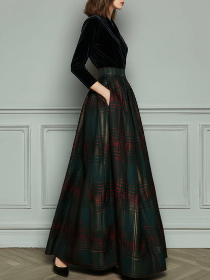 Vestido Maxi Negro Terciopelo Cuadros Falda Amplia
