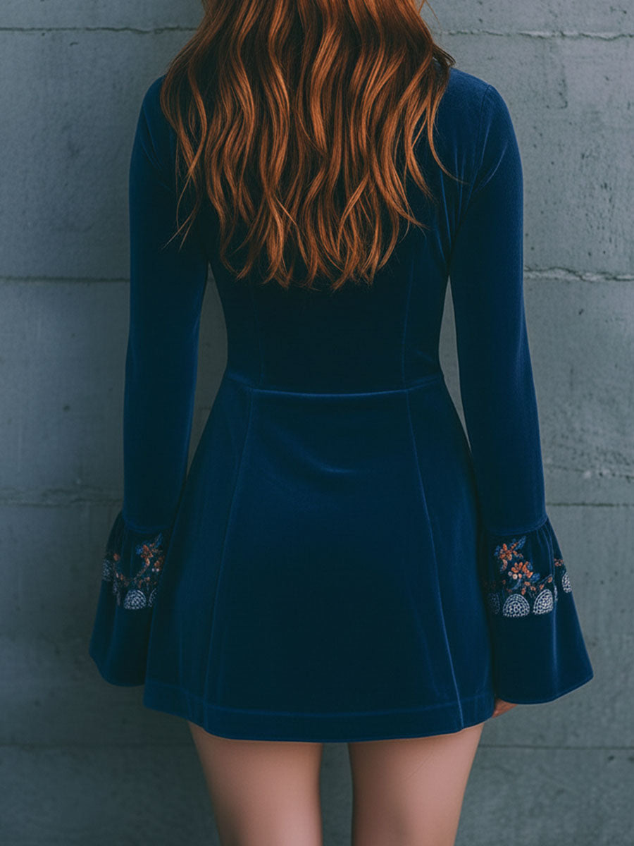 Vestido Mini Terciopelo Azul Bordado Cremallera