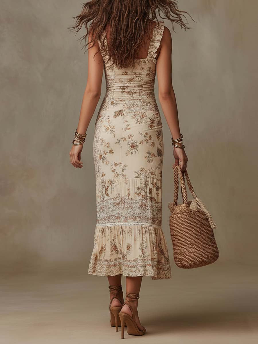 Vestido Midi Crema Boho Floral Volante Abertura