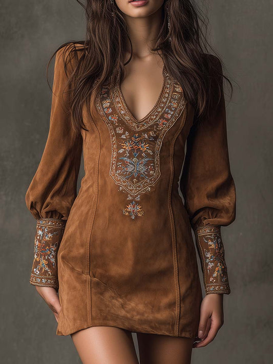 Vestido Mini Ante Caramelo Bordado Mangas Largas