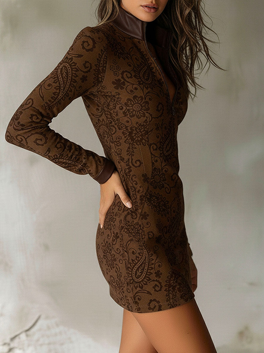 Vestido Mini Marrón Jacquard Floral Cuello Cremallera