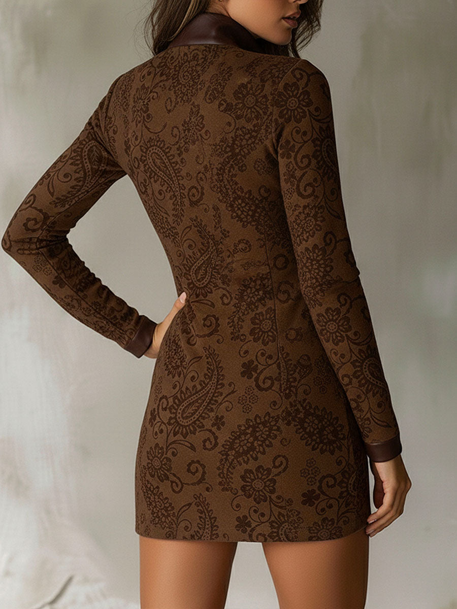 Vestido Mini Marrón Jacquard Floral Cuello Cremallera
