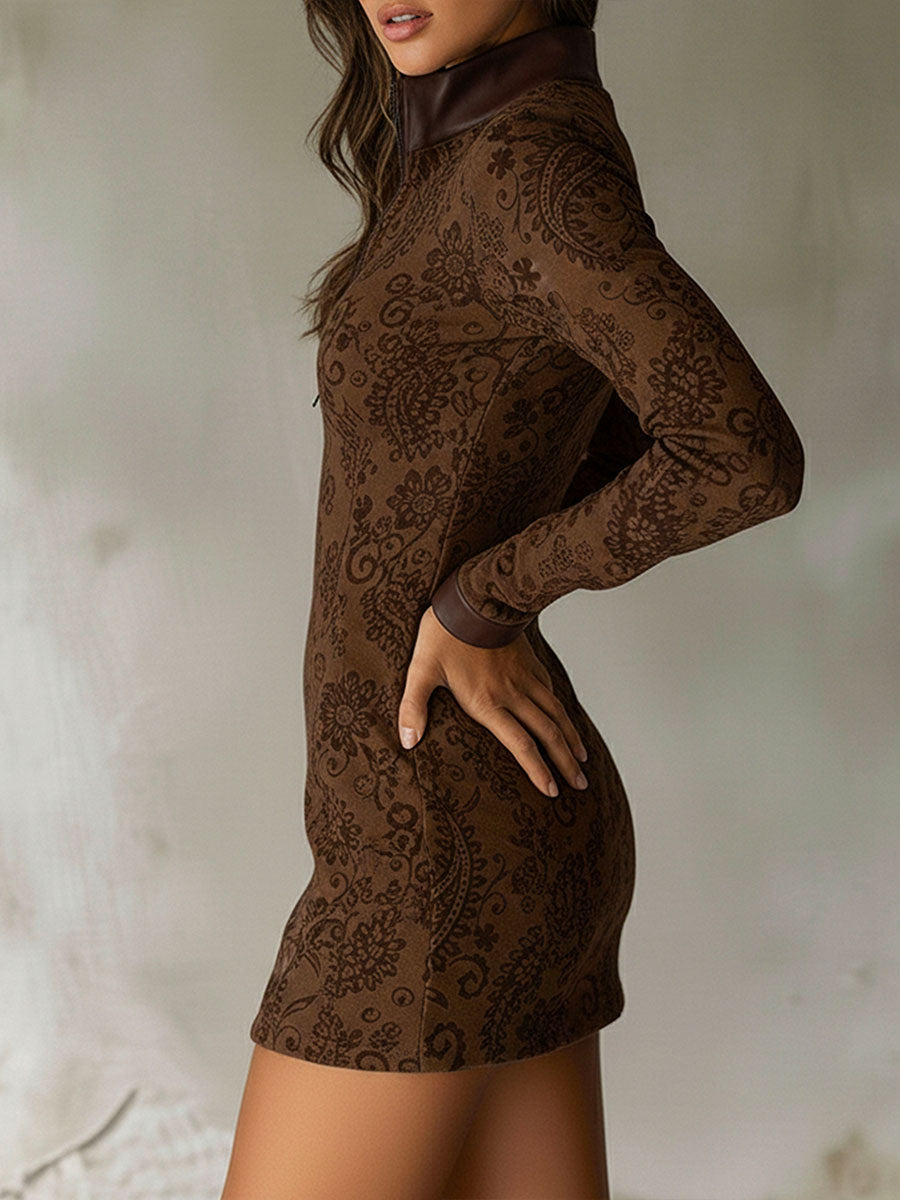 Vestido Mini Marrón Jacquard Floral Cuello Cremallera