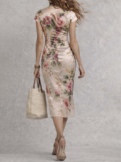Vestido Midi Satén Marfil Floral Acuarela Fruncido