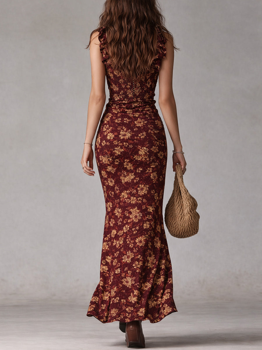 Vestido Maxi Boho Retro Mangas Volante Abertura