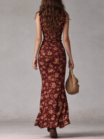 Vestido Maxi Boho Retro Mangas Volante Abertura