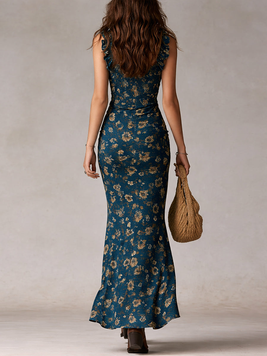 Vestido Maxi Boho Retro Mangas Volante Abertura