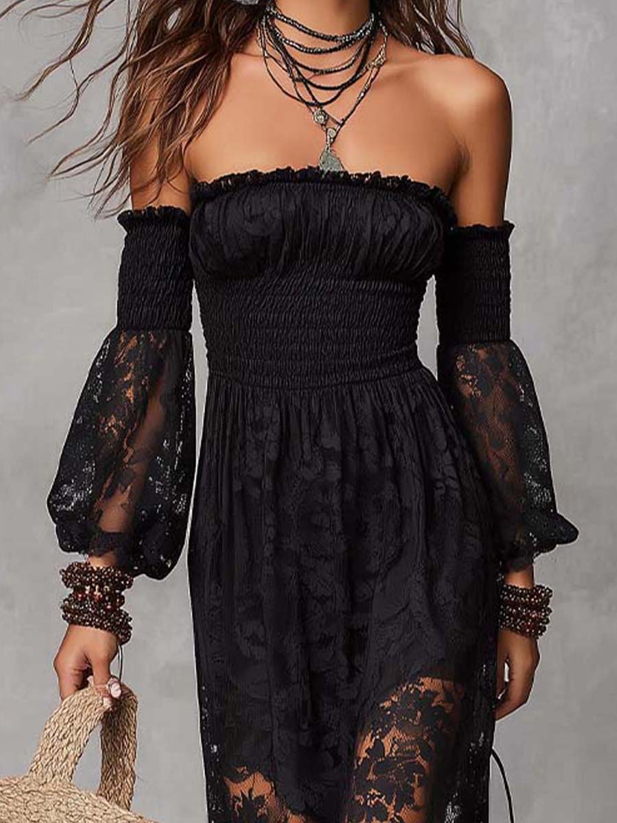 Vestido Maxi Negro Encaje Hombros Descubiertos Fruncido