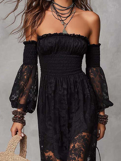 Vestido Maxi Negro Encaje Hombros Descubiertos Fruncido