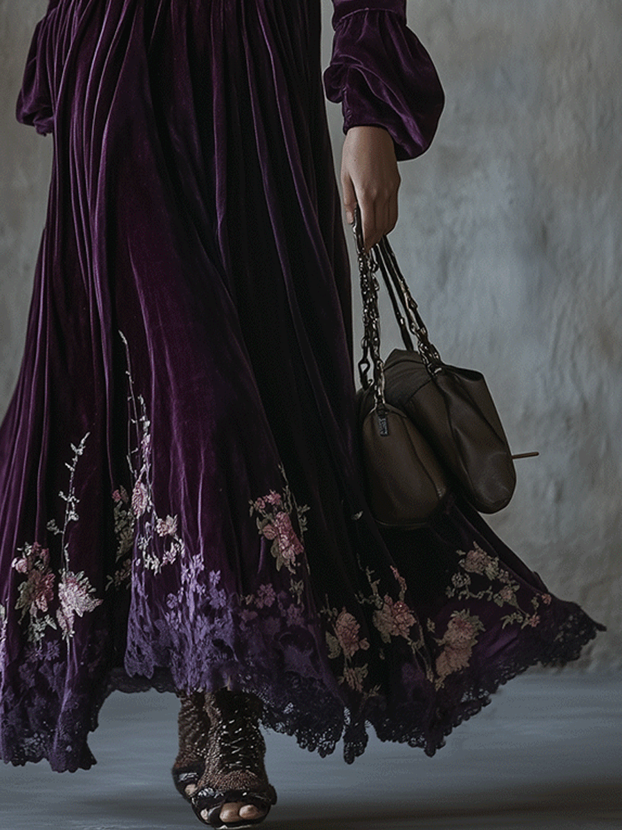 Vestido Maxi Morado Terciopelo Bordado Floral