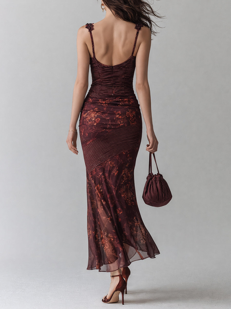 Vestido Maxi Granate Rayas Floral Tirantes