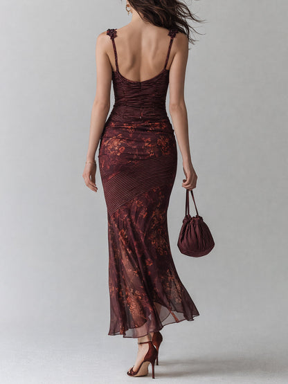 Vestido Maxi Granate Rayas Floral Tirantes