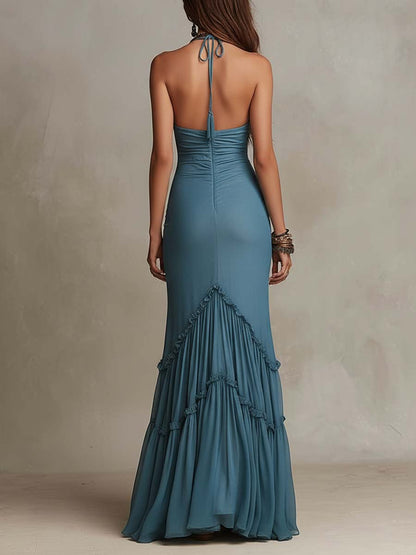 Vestido Maxi Azul Empolvado Chiffon Sirena Fruncido