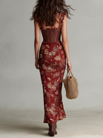 Vestido Maxi Granate Corsé Floral Abertura