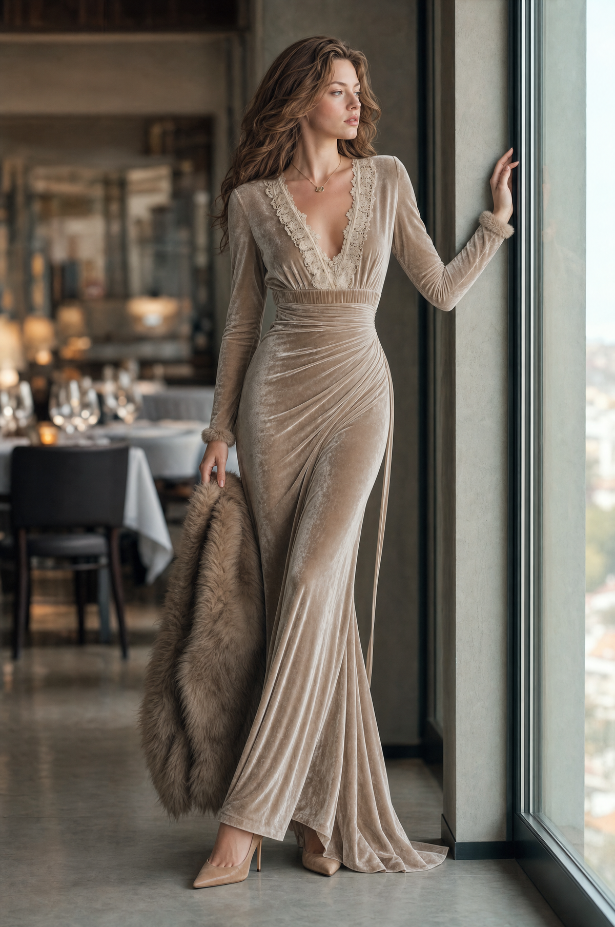 Vestido Maxi Beige Terciopelo Escote V Ribete Pelo