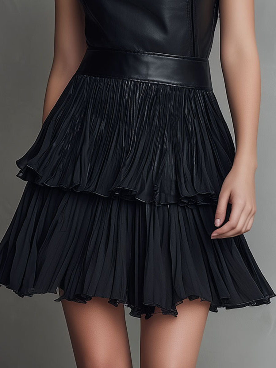 Vestido Mini Piel Ecológica Negro Chiffon Plisado
