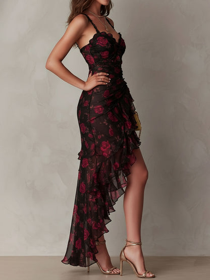 Vestido Midi Boho Floral Negro y Rojo Encaje Volante