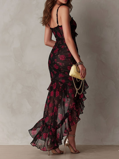 Vestido Midi Boho Floral Negro y Rojo Encaje Volante