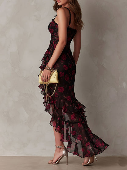 Vestido Midi Boho Floral Negro y Rojo Encaje Volante