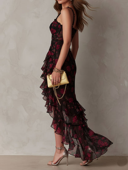 Vestido Midi Boho Floral Negro y Rojo Encaje Volante