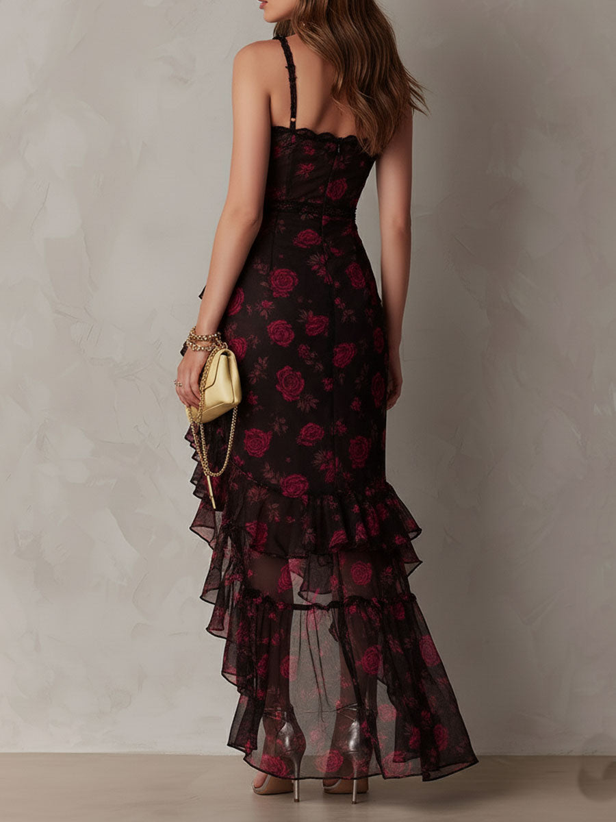 Vestido Midi Boho Floral Negro y Rojo Encaje Volante