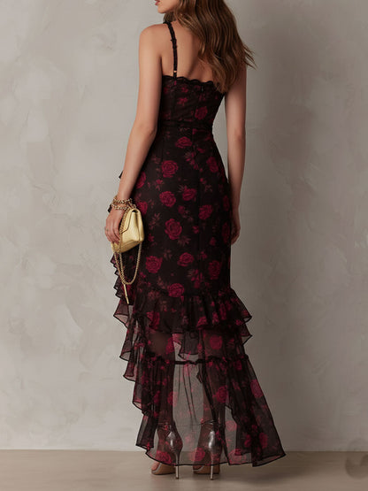 Vestido Midi Boho Floral Negro y Rojo Encaje Volante