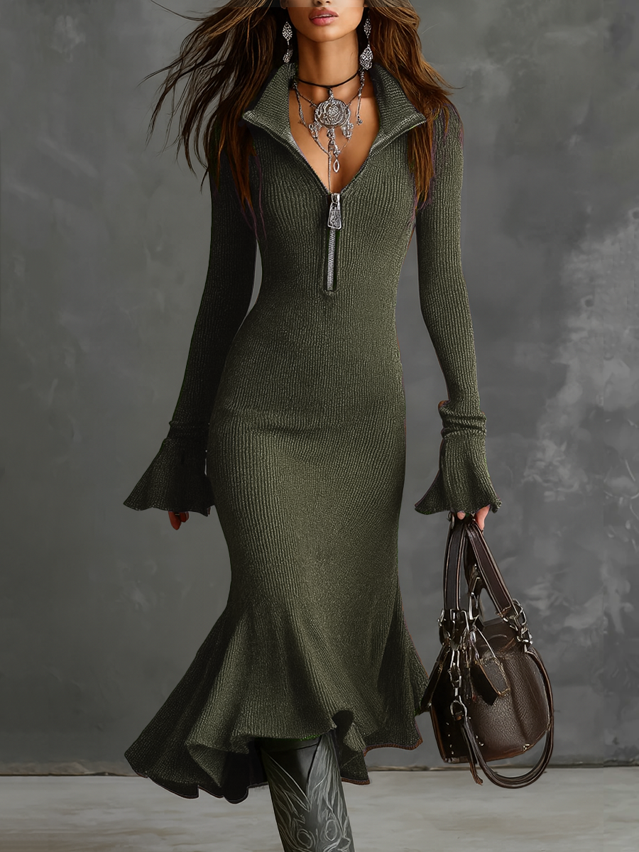 Vestido Midi Punto Retro Cuello Cremallera Mangas Trompeta